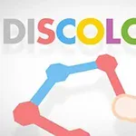 La imagen muestra la palabra DISCOLORS en letras de colores sobre un fondo blanco, con un dedo interactuando con una figura geométrica