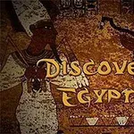 Texto Discover Egypt sobre un fondo de arte egipcio antiguo con figuras humanas
