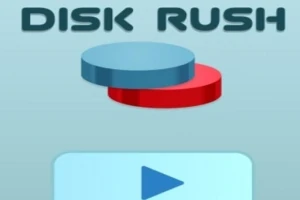 Dos discos superpuestos, azul y rojo, con el texto DISK RUSH encima y un ícono de reproducir abajo