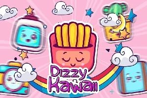 Dibujo de papas fritas kawaii con rostro sonriente, rodeado de nubes, arcoíris y personajes animados en un fondo rosa con estrellas y nubes