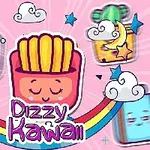 Dibujo de papas fritas kawaii con rostro sonriente, rodeado de nubes, arcoíris y personajes animados en un fondo rosa con estrellas y nubes