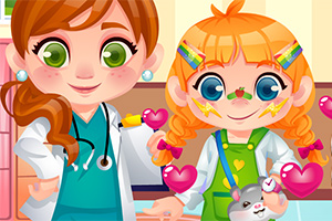 Dos personajes de estilo caricatura con grandes ojos sonríen, uno vestido como doctor y el otro como paciente, rodeados de corazones rosados