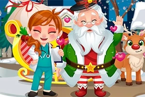 Una niña vestida de médico sonríe junto a un hombre disfrazado de Santa Claus y un reno, con un trineo detrás y corazones flotando alrededor