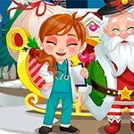 Una niña vestida de médico sonríe junto a un hombre disfrazado de Santa Claus y un reno, con un trineo detrás y corazones flotando alrededor