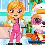 Una veterinaria sonriente con bata blanca junto a un cachorro disfrazado con gafas y gorro en una clínica colorida