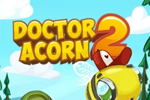 Título Doctor Acorn 2 colorido sobre un fondo azul claro con nubes y detalles de abejas y vegetación