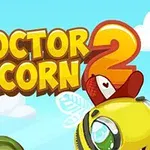 Título Doctor Acorn 2 colorido sobre un fondo azul claro con nubes y detalles de abejas y vegetación