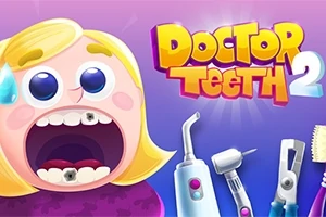 Niña con expresión de sorpresa mostrando dientes con caries y herramientas dentales sobre un fondo púrpura