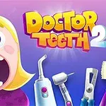Niña con expresión de sorpresa mostrando dientes con caries y herramientas dentales sobre un fondo púrpura