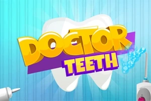Texto Doctor Teeth en colores amarillo y morado sobre un fondo de diente blanco y azul, con un cepillo y pasta dental en las esquinas