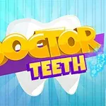 Texto Doctor Teeth en colores amarillo y morado sobre un fondo de diente blanco y azul, con un cepillo y pasta dental en las esquinas