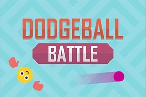 Texto Dodgeball Battle sobre un fondo geométrico azul con una cara sonriente amarilla, guantes rojos y una línea diagonal morada