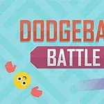 Texto Dodgeball Battle sobre un fondo geométrico azul con una cara sonriente amarilla, guantes rojos y una línea diagonal morada
