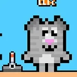 Gráficos pixelados de un perro gris con detalles rosados y una figura humana sobre un fondo azul claro