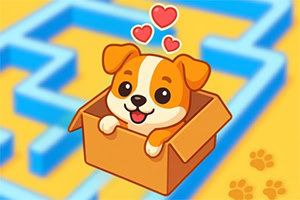 Perrito caricaturesco asomado dentro de una caja de cartón con corazones encima, sobre un fondo de laberinto azul y amarillo