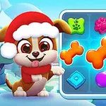 Un perro animado con gorro navideño junto a un tablero de juego de rompecabezas con huesos y otros íconos de colores