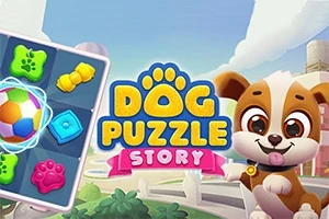 Ilustración colorida de un perrito animado junto al título Dog Puzzle Story y detalles gráficos de un tablero de juego con patrones de huellas y huesos