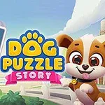 Ilustración colorida de un perrito animado junto al título Dog Puzzle Story y detalles gráficos de un tablero de juego con patrones de huellas y huesos