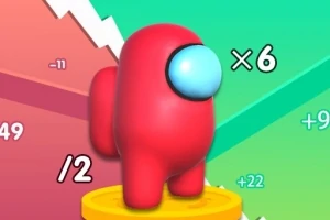 Personaje rojo con visor azul de estilo caricaturesco sobre un pedestal dorado con números alrededor, en un fondo colorido