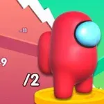 Personaje rojo con visor azul de estilo caricaturesco sobre un pedestal dorado con números alrededor, en un fondo colorido