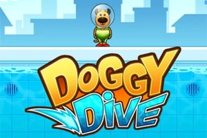 Perro con casco espacial junto a una piscina y el texto grande Doggy Dive en primer plano