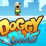 Perro con casco espacial junto a una piscina y el texto grande Doggy Dive en primer plano