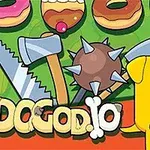 Un perro amarillo acompañado de un cactus pequeño, rodeado de herramientas y armas como una sierra, un hacha y una maza con fondo de donas coloridas