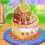 Una casa de galleta encima de un pastel decorado con glaseado y detalles coloridos en un entorno al aire libre