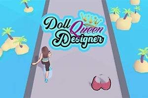 Mujer corriendo por un camino rodeado de islas pequeñas con palmeras, con texto que dice Doll Queen Designer