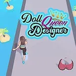 Mujer corriendo por un camino rodeado de islas pequeñas con palmeras, con texto que dice Doll Queen Designer