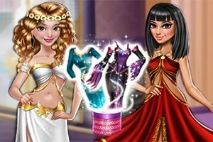 Dos mujeres vestidas con trajes elegantes junto a una canasta mágica con ropa brillante entre ellas