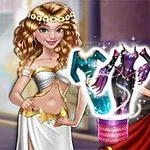 Dos mujeres vestidas con trajes elegantes junto a una canasta mágica con ropa brillante entre ellas