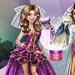 Dos mujeres con vestidos elegantes y velos de novia presentan varios vestidos brillantes delante de ellas