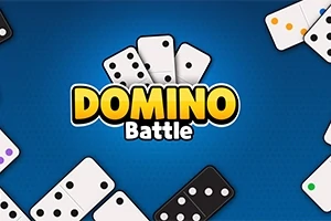 Dominó en varias direcciones sobre un fondo azul con el texto Domino Battle en el centro