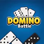 Dominó en varias direcciones sobre un fondo azul con el texto Domino Battle en el centro