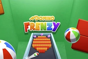 Imagen de un entorno verde con pelotas de playa y fichas de dominó formando un corazón en una mesa, con un logo colorido que dice Domino Frenzy