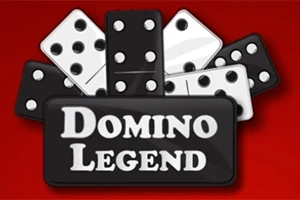 Fichas de dominó negras y blancas en un fondo rojo con texto Domino Legend