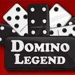 Fichas de dominó negras y blancas en un fondo rojo con texto Domino Legend