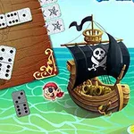 Barco pirata junto a un tablero de dominó en el mar, con fichas esparcidas y un dibujo de un pequeño pirata