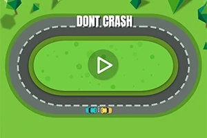 Pista de carreras ovalada con dos coches, uno azul y otro amarillo, con el texto DONT CRASH y un icono de reproducción en el centro