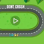 Pista de carreras ovalada con dos coches, uno azul y otro amarillo, con el texto DONT CRASH y un icono de reproducción en el centro