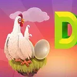 Gallina sobre un nido al lado de texto tridimensional con cáscaras de huevo rotas, sobre un fondo colorido