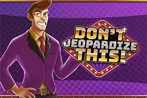 Un personaje animado con saco morado y corbata roja sonríe junto a un letrero con luces que dice Dont Jeopardize This!