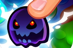 Dedo tocando un personaje o figura oscura con ojos rojos rodeada de esferas de colores brillantes