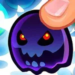 Dedo tocando un personaje o figura oscura con ojos rojos rodeada de esferas de colores brillantes