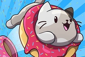 Un gato caricaturesco emocionado atravesando un donut con glaseado rosa y chispas de colores