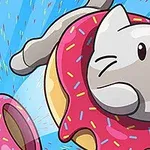 Un gato caricaturesco emocionado atravesando un donut con glaseado rosa y chispas de colores