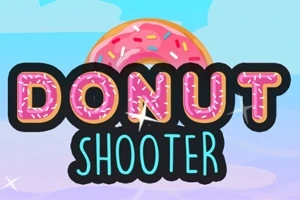 Texto de Donut Shooter con un fondo de dona rosa y cielo azul