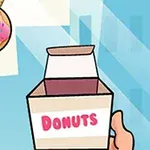 Una dona rosada con chispitas suspendida sobre una caja abierta de donas que una mano sostiene