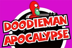 Personaje enmascarado en rojo sosteniendo un arma, con el texto en letras grandes Doodieman Apocalypse sobre un fondo morado